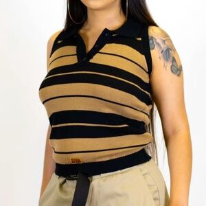 Striped Black and Tan Sleeveless Polo Top